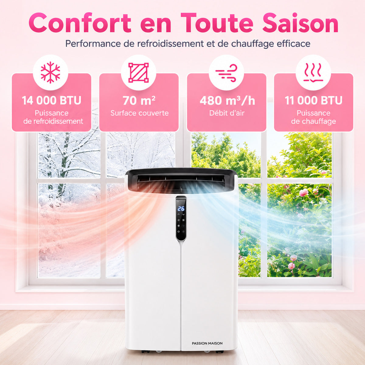 Climatiseur Mobile Réversible 14000 BTU Passion Maison Polar 14 – Wi-Fi, 5-en-1, Chauffage, Déshumidificateur & Kit Fenêtre