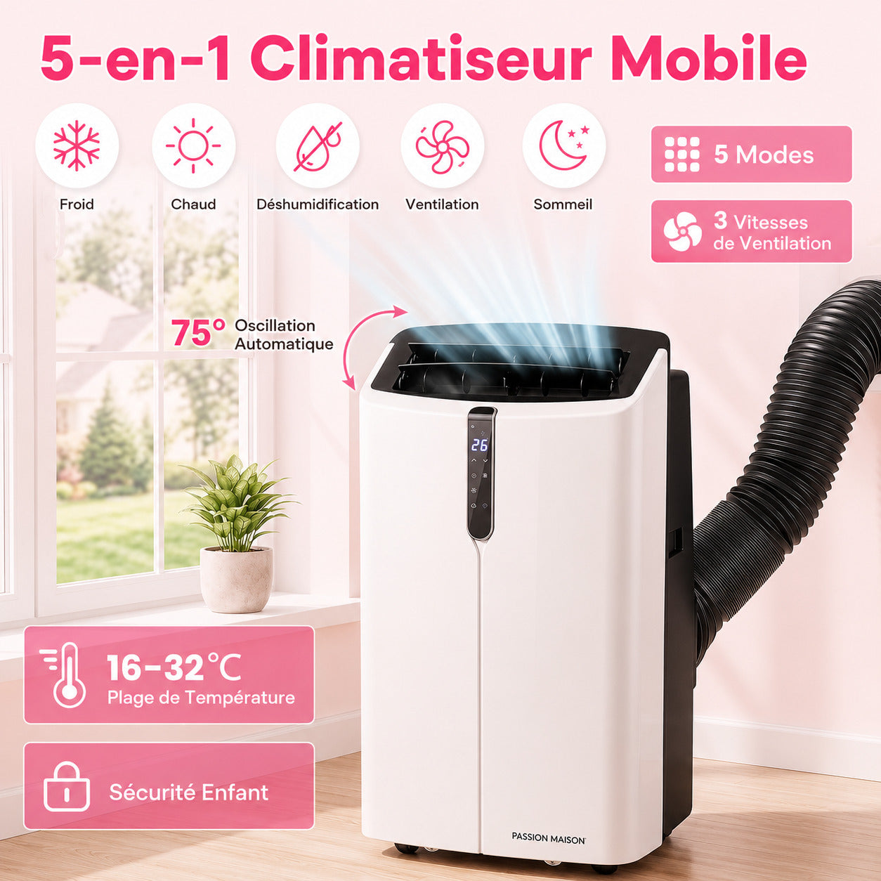 Climatiseur Mobile Réversible 14000 BTU Passion Maison Polar 14 – Wi-Fi, 5-en-1, Chauffage, Déshumidificateur & Kit Fenêtre